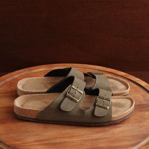 Cushionaire Lane Sandals Mens SZ 12 Green Slide Leather Insole Cork Footbed Shoe